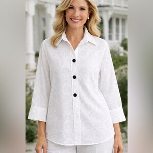 Foxcroft Womens Fitted Blouse Sz 16 White Cotton Burnout Floral Button Down Top
